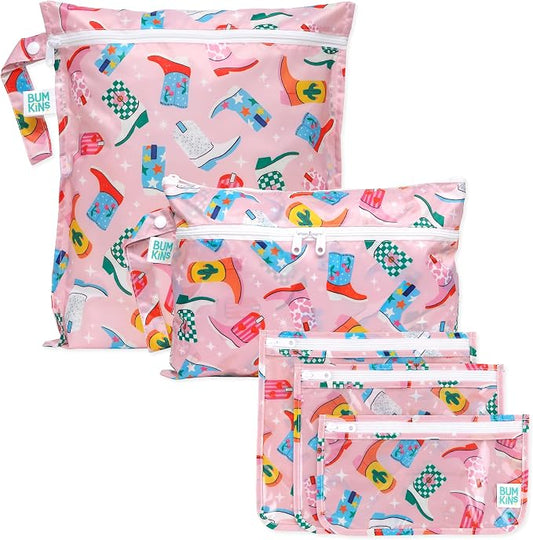 Bumkins - Waterproof Wet Bag, Wet/Dry Clutch & Clear Travel Bags - For Beach, Baby, Travel, Cloth Diapers, Pump Parts, Pool, Gym, Toiletries - Reusable & Easy to Clean - Cowgirl Boots - 5 Pack