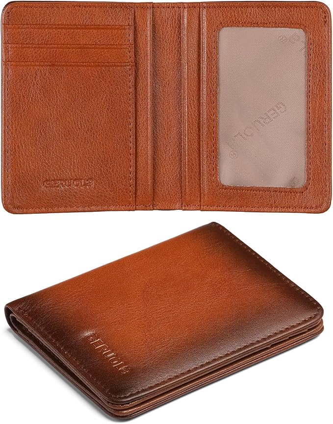 Bifold Slim Men Wallet Genuine Leather Thin, Small Vertical RFID Blocking Wallets for Men ，Compact & Stylish with Clear ID Windows (Brown)