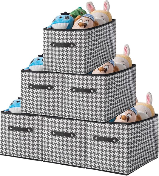 6 Pack Large Collapsible Storage Baskets for Shelves,14.9"x9.5" Fabric Closet storage Boxes with Leather Handles,Decorative Organizers Storage Bins for Clothes,Sheets,Toys,Books,(Houndstooth