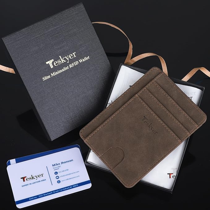 Teskyer Slim Wallet for Men, Minimalist Front Pocket RFID Blocking Leather Wallet Credit Card Holder for Men & Women