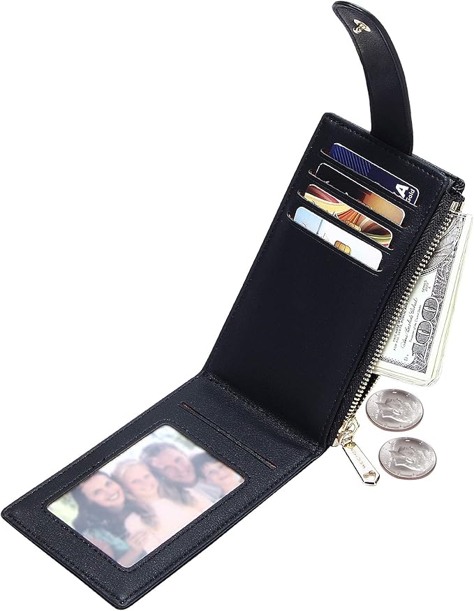 Badiya Slim Women Wallet RFID Blocking Bifold Compact 9 Card Slots Holder Wallets Soft Leather with Zipper Coin Pocket 2 ID Window