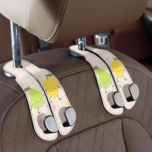CoBak Purse Hook for Car - Universal Premium Stitched Leather and Aluminum-Magnesium Alloy Double Car Seat Back Storage Hook for Purses, Handbags, Bags (2 Pack),Fruit Play