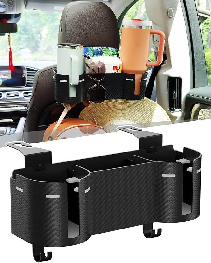 Car Headrest Backseat Cup Holder 3.7" with Organizer, High Capacity 4 in 1 Seat Back Organizer with Headrest Hooks, Multifunctional Storage for Car Travel Accessories Compatible with Most Vehicles