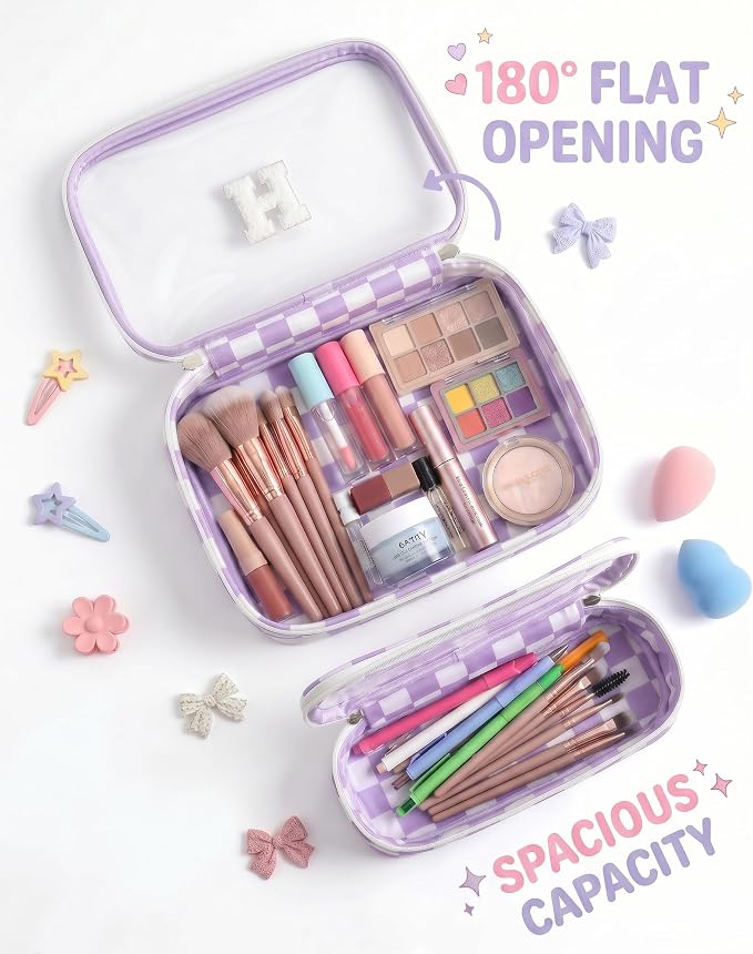 Initial Makeup Bags for Women,Personalized Portable Cosmetic Bag with Zipper,Sunscreen Makeup Pouch, Bridesmaid Gifts for Wedding Day,Beach Vacation Essentials for Women Teen Girls(E,Purple&Beige)