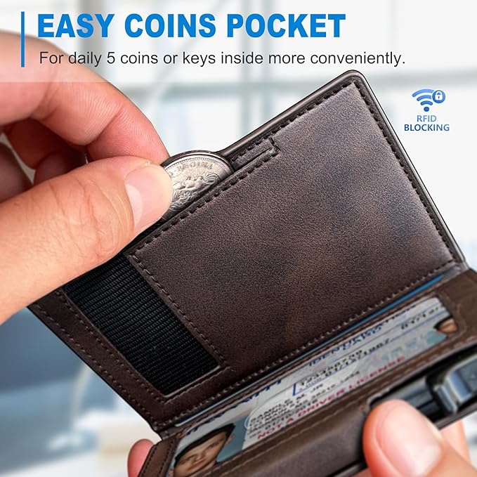 miyozi Men Wallet,with Money Clip Coins Pocket ID Window,Slim Front Pocket RFID Blocking Pop-up Card Holder 3.9"x 2.7", Gift Boxed