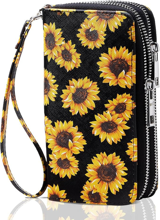 Cellphone Wallet for Women Dual Zipper Long Purse with Removable Wristlet