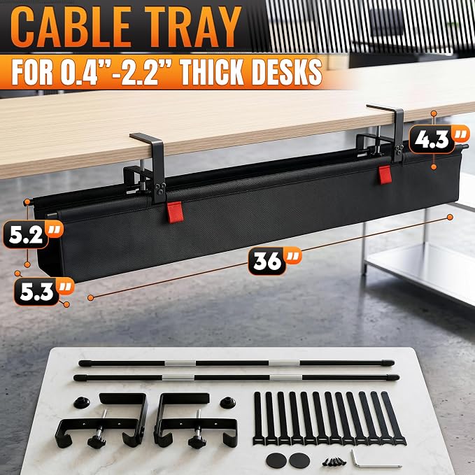 Under Desk Cable Management Tray 36" — No Drill Clamp-On Cord Organizer for Desk with Built-in Ties, Heavy Duty Metal Clamp, Foldable 600D Oxford Fabric for Home Office, WFH & Gaming PC Setup (Black)