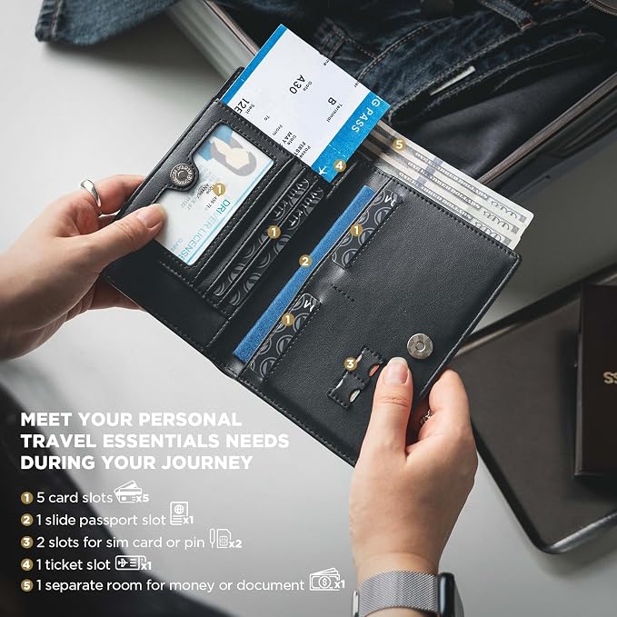 VULKIT Cute Passport Cover for Women, RFID Blocking Slim Passport Book Holder, Leather Travel Passport Wallet with Magnetic Closure Black