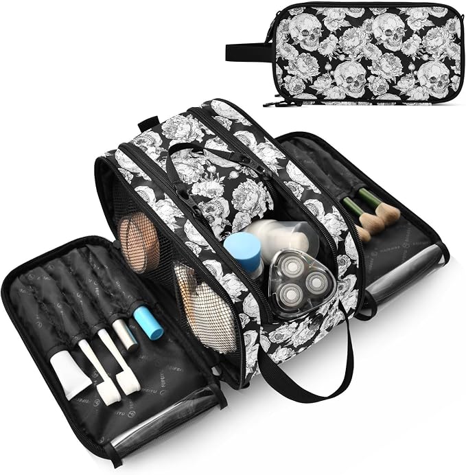 MNSRUU Travel Makeup Bag, Goth Skull Makeup Bag - Large Capacity Cosmetic Bag Organizer, Portable Toiletry Bag for Travel Size