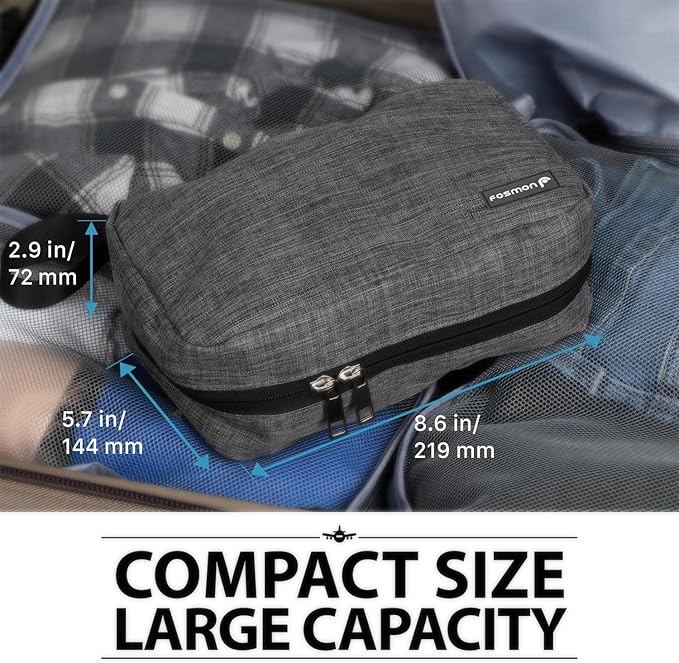 Fosmon Hanging Travel Toiletry Bag, Compact Travel Organizer | Water-resistant nylon, multiple pockets for toiletries/makeup, lightweight, ideal for men/women, shower and travel use.