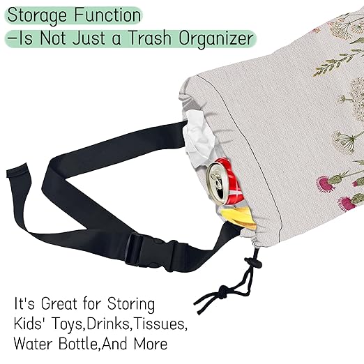 Wild Flowers Car Garbage Bag,Botanical Herbs Waterproof Small Car Trash Bag Hanging Back of Seat,Drawstring Hanging Car Trash Bag with Adjustable Buckle for Car Accessories