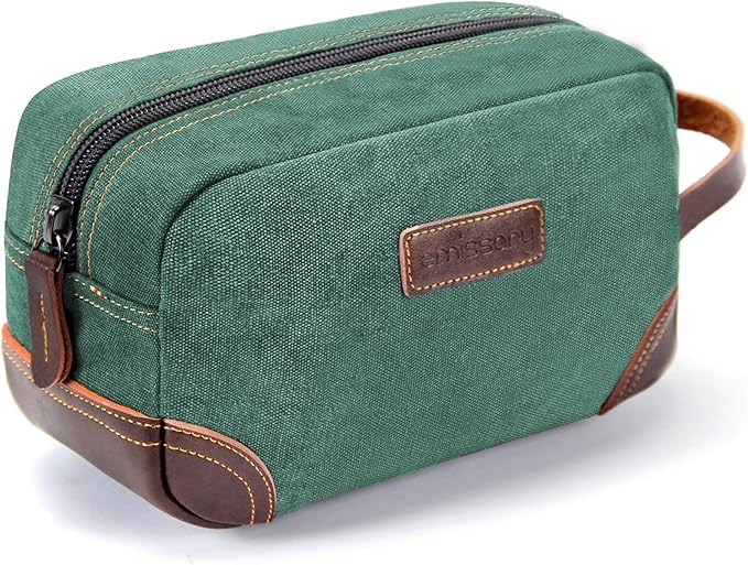emissary Men's Toiletry Bag, Leather and Canvas Travel Toiletry Bag, Dopp Kit for Men, Travel Bathroom Bag Men's Shaving Kit, Travel Kit Small Bags for Men, Shaving Bag for Travel Accessories (Green) | Durable canvas & PU leather, water-resistant linin...