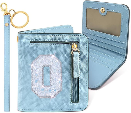 COSHAYSOO Small Wallet for Women Teenager Girl Personalized Initial Gift Preppy Letter Monogrammed Patch Mini Purse Waterproof for Travel Credit ID Cards Cash Holder Novelty Organizer Blue O