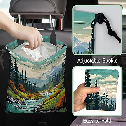 Mountain Landscape Car Garbage Bag,Forest River Waterproof Small Car Trash Bag Hanging Back of Seat,Drawstring Hanging Car Trash Bag with Adjustable Buckle for Car Accessories