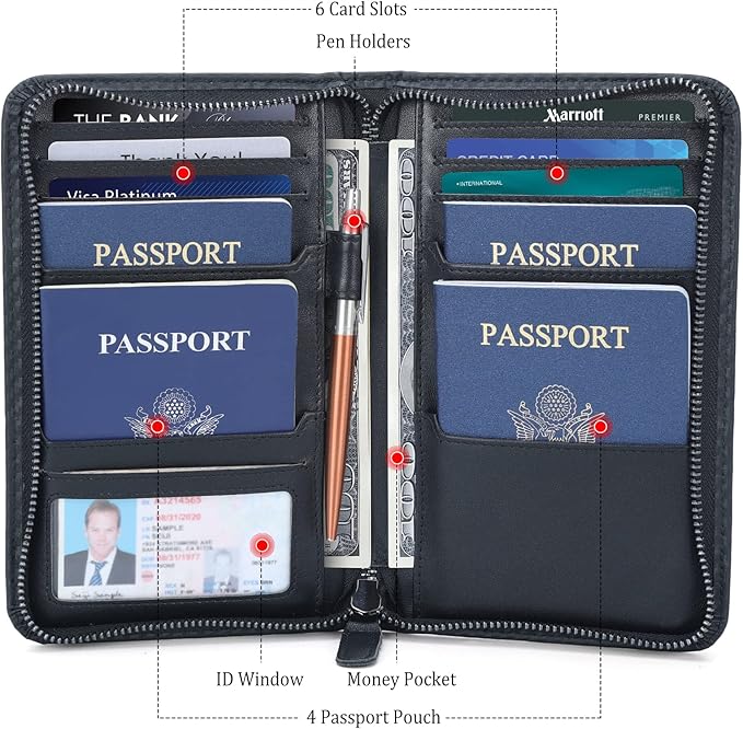 Polare Full Grain Leather Passport Holder Cover Case for Men RFID Blocking Travel Wallet Holds 4 Passports (Carbon Black)