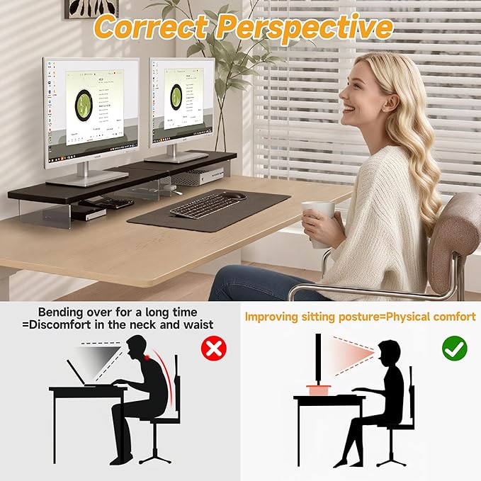 Computer Monitor Stands, Wood & Acrylic Computer Monitor Stand, Desk Monitor Stand Underneath Storage For Office, Home, School Supplies, 15.7" L (Black)
