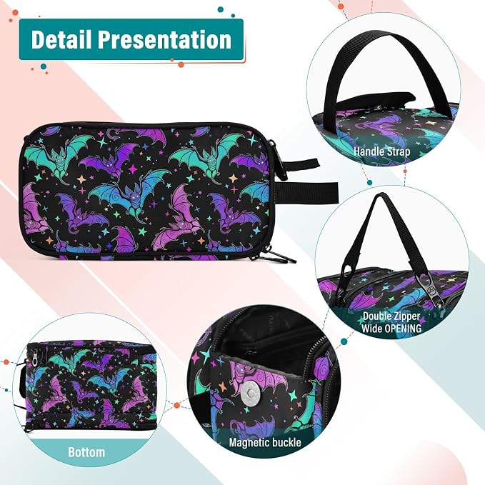 MNSRUU Luminous Bats Makeup Bag - Large Capacity Cosmetic Organizer, Portable Toiletry Bag for Travel Size