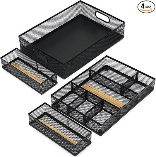 Neudeco Desk Drawer Organizer, 4 Pack Metal Mesh, Black | Adjustable Dividers, Stackable, Pen Organizer, Office Supplies Organizer
