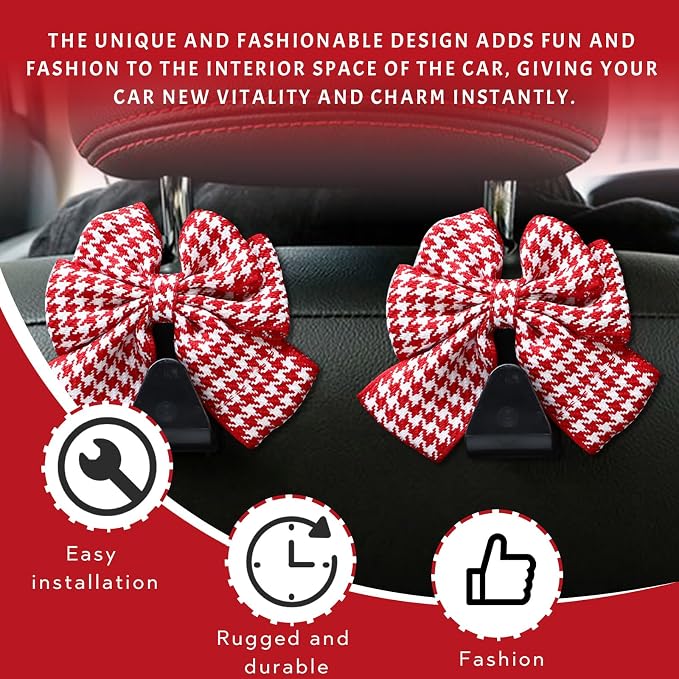 2PCS Car Seat Headrest Hooks, Cute Bow Vehicle Rear Seat Bracket Hook for Purses and Bags, Automotive Purse Hook Hanger, Universal for SUV, Sedan, Truck (Red)