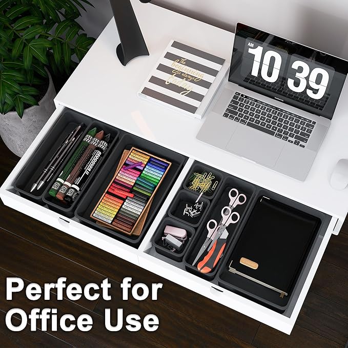 QUELIEN Desk Drawer Organizer Tray Set, 16PCS Plastic Drawer Organizer Bins for Office, Makeup, Kitchen - Gray Blue Desk Organizer with Flexible Interlocking Design for Efficient (Gray Blue, 16PCS)