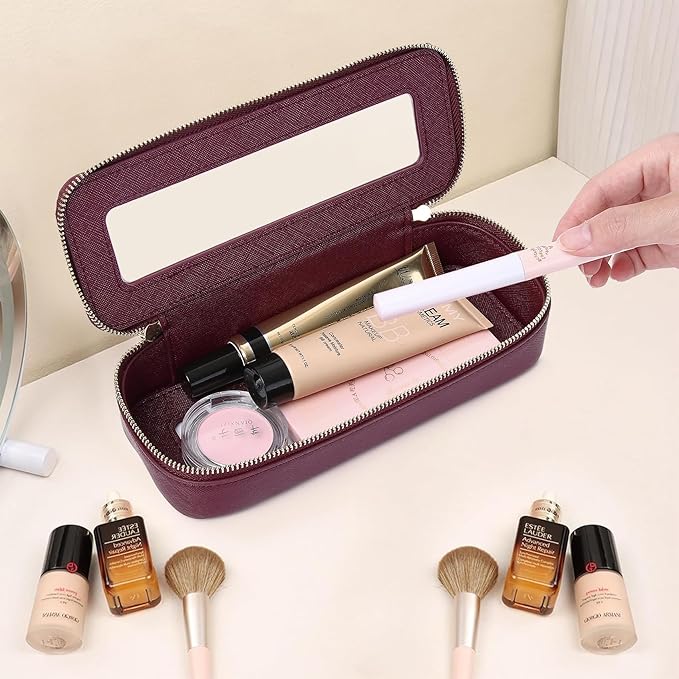 Pinkmik Makeup Brush Case Clear Travel Cosmetic & Toiletry Bag Small Makeup Bag with Zipper Purse Organizer Car Essential Bag for Women (X/Burgundy, SLIM)