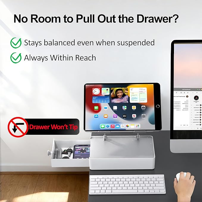 Laptop Stand with Storage Drawer, Heavy-Duty Metal Laptop Riser for Desk, Ergonomic Height & Angle Adjustment for 10–16.2″ Laptops, Silver
