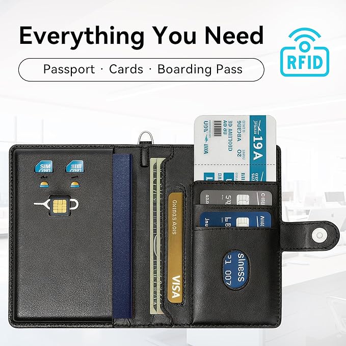 Passport Holder for Travel, RFID Blocking Card Wallet, Apple MFi Certified Smart Passport Cover Works with Find My, Rechargeable Travel Wallet with Lanyard, PU Leather, Black