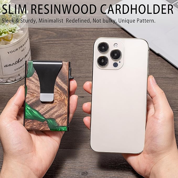 Slim Aluminum Wallet for Men, RFID Blocking Minimalist Matel Pop Up Card Holder Wallet, Holds 8+ Cards,Durable Removable Money Clip & Money Pocket(Resin Green Wood)
