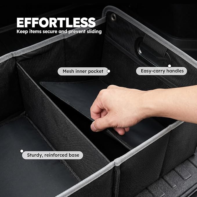 50L Car Trunk Organizer, Heavy-Duty 600D Oxford Collapsible Storage Box with 3-Compartments & Securing Straps, Foldable Organizer for SUV/Sedan/Truck, Car Accessories Storage