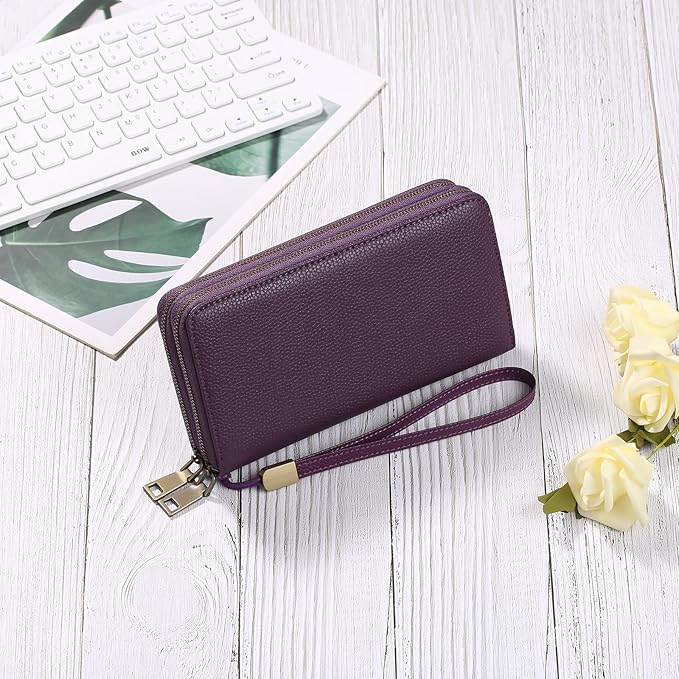 GAEKEAO Wallet for Women Clutch RFID Blocking Wristlet Leather Purse Large Capacity Credit Card Holder with Grip Hand Strap