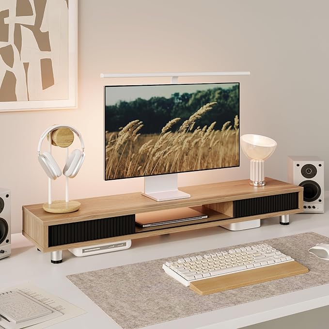 Fenge Dual Monitor Stand, 42.5inch Long Monitor Stands Riser for 2 Monitors, Sliding Door with Storage Organizer Stand for Desk, 2 Tier Desk Shelf for Laptop, Pc, Printer, Computer, TV