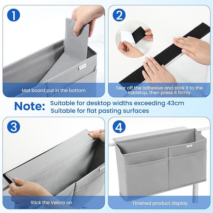 4 Pack Desk Side Hanging Organizer, Adhesive Storage Bag with Pockets for Magazine Ipad Notebook, for End Tables Home Office Desks Computer Workstations Dressing Table, Grey