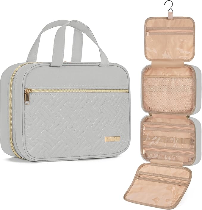 Travel Toiletry Bag for Women & Men Water Resistant Makeup Bag with Hanging Hook Portable Travel Organizer for Travel Accessories, Travel-Sized Shampoo, Toiletries (Medium-Grey)