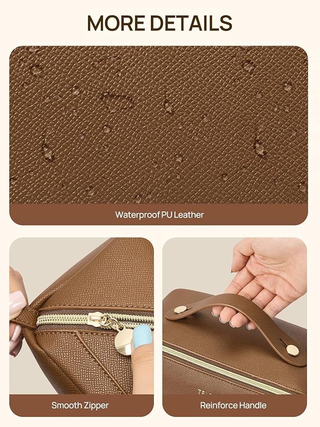 Telena Leather Make Up Bag Portable Travel Makeup Bag Waterproof Cosmetic Bags for Women Large Capacity With Handle and Divider Open Lay Flat