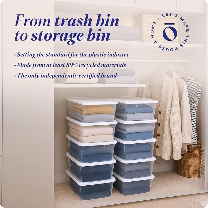 HOMZ 10-Pack Snaplock, Small Clear Plastic Storage Organizer Bins w/ Lids, 6 Quart, White - Stackable Container Boxes for Bedroom, Bathroom, Garage, and Office Organization