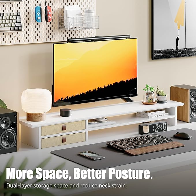 FENSULN Dual?‘Tier Monitor Stand Riser with Drawers, Desktop Organizer Shelf Storage for Computer Screen 2 Monitors, Supports for PC Computer Monitor, Printer, Heavy TV Riser White