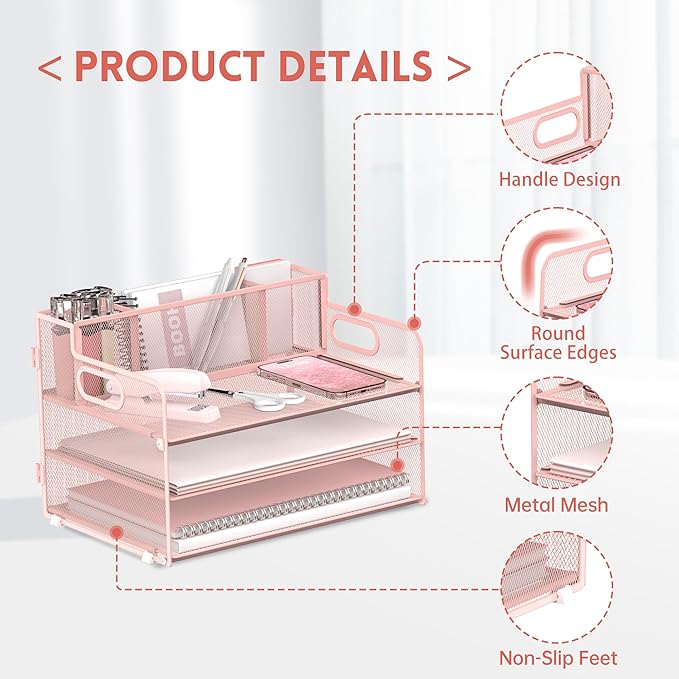 3 Tier Paper Letter Tray Organizer with Pen Holder for Desk, Black Metal Mesh Desk File Folder Sorter Organizer with Handle and Sliding Tray for Home, Office, School Supplies Organization(Pink)