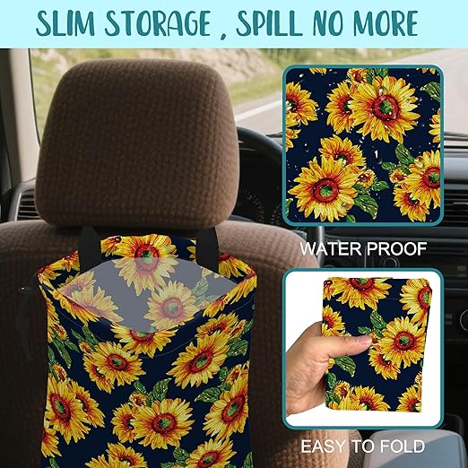 Car Trash Bag Abstract Yellow Sunflowers Hanging Drawstring Car Organizer and Storage Bag with Adjustable Buckle Canvas Garbage Bin for Back Seat or Hanging Headrest Car Decor Road Trip Essentials