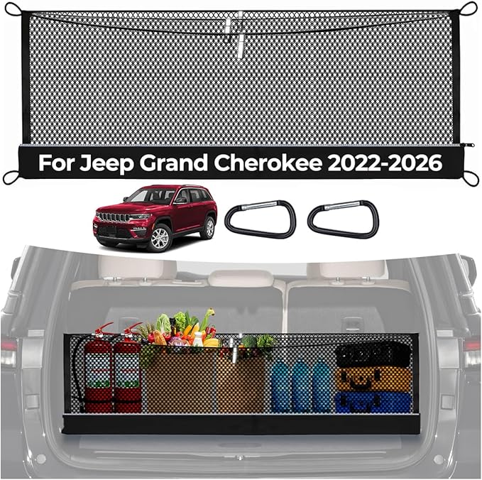 3-Layer Cargo Net for Jeep Grand Cherokee (2-Row) 2022-2026, Zoned Storage Trunk Net with Foldable Zippered Bottom Bag, Heavy-Duty Cargo Organizer Netting for Camping, Trips & Everyday Use