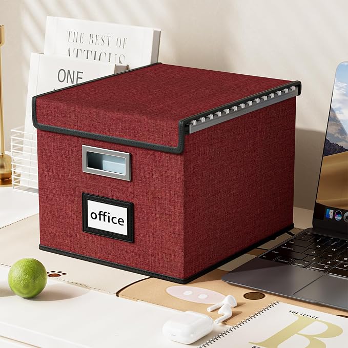 File Organizer Box with Lid, Collapsible File Folder Organizer for Office Document Storage, Filing Box with Plastic Slide for Letter Size Hanging File Folders(1 Pack, Dark Red)