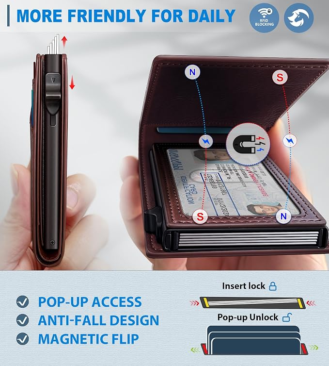 Wallet for Men, Slim Pop Up Card Holder with RFID Blocking, Minimalist Bifold Wallet with 9 Card Slots, ID Window and Cash Pocket, Metal Flip Case with Magnetic Closure, Gift Box