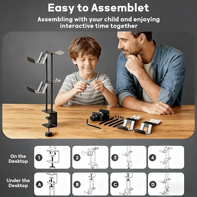 Headphone Stand with Controller Holder, Aluminum Under Desk Clamp Headset and Controller Stand - 2 in 1 Headphone Hanger for Desktop PC Gaming Accessories Organizer with PS5 Xbox Series S