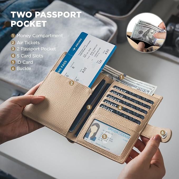 VULKIT Leather Passport Wallet for 2 Passports Slim Double Passport Holder RFID Blocking Passport Travel Wallet with ID Window for Women
