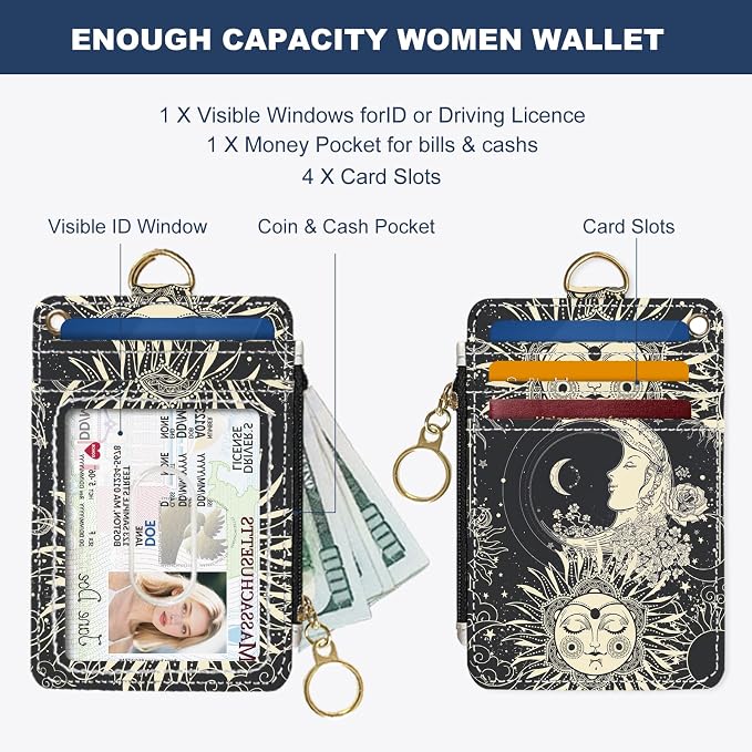 Slim Wallet Credit Card Holder, Sun and Moon FaceX, RFID Wallet Women Cute Small Front Pocket Wallet With Zipper, PU Leather Thin travel RFID Blocking Card Case ID Window,Ladies Gifts