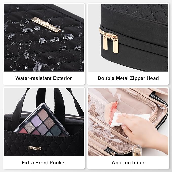 Everfun Hanging Toiletry Bag for Travel, Mothers Day Gift for Mom, 11x7.75x4.5 inch Medium Capacity Cosmetic Organizer with Leakproof Wet/Dry Compartment, Waterproof Dopp Kit for Women Black