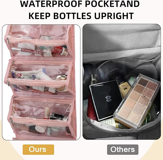 ROYALFAIR Roll Up Makeup Bag, Waterproof Toiletry Bag for Women, Hanging Travel Organizer bags with Jewelry Organizer Compartment, Extra Large 4 Clear TSA Approved Pouches Cosmetic Makeup (light red)