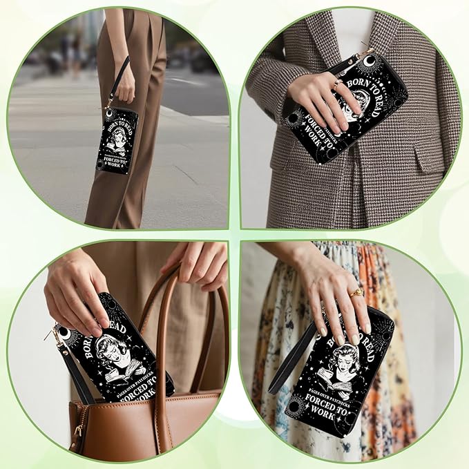 Book Lovers Gift for Womens Wallet - Slim PU Leather "BORN TO READ" Gothic Reader Wallet for Women with Zipper, Credit Card Holder Wallets, Wristlet Wallets for Female Girls Birthday(Reading Gift)