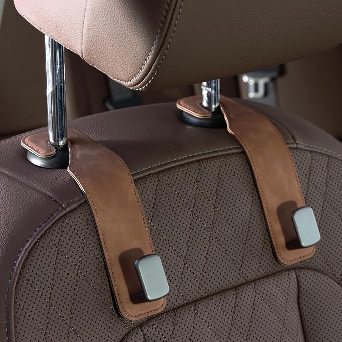 CoBak Headrest Hooks for Car - Universal Premium Stitched Leather and Aluminum-Magnesium Alloy Single Car Seat Back Storage Hook for Purses, Handbags, Bags (2 Pack),Brown