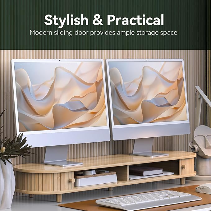 Bamboo Dual Monitor Stand with Storage, Curved Double Computer Laptop Stand Desk Shelf Organizer with Sliding Doors (42 inch)
