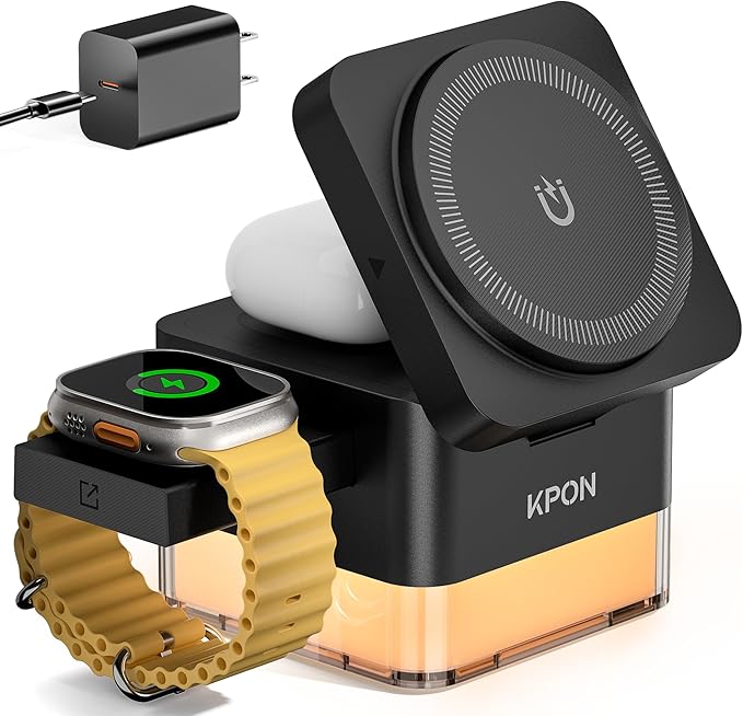 KPON for iPhone Nightstand Charging Station,15W 3 in 1 Wireless Phone Charger Stand with Night Lamp, Travel Foldable Magnetic Cube Magsafe Dock for iPhone 17 16 15 14 13 12 Series/Apple Watch/Airpods